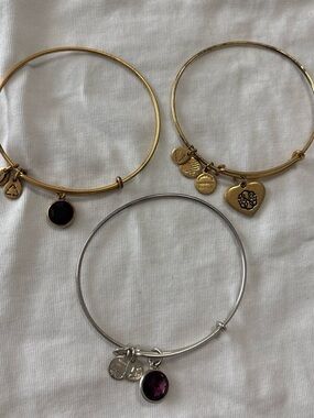 Alex and Ani Gold and Silver Charm Bangle Set with Black and Purple Gemstones